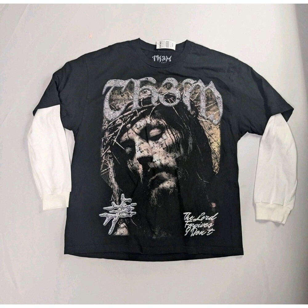 TH3M Forgive Black White 2fer Long Sleeve T-Shirt Mens XXL NWT Jesus Graphic